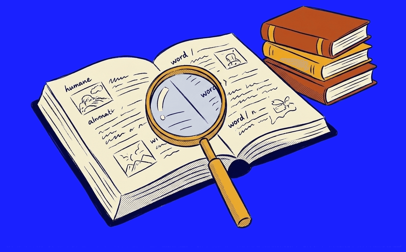 An open glossary book with a magnifying glass