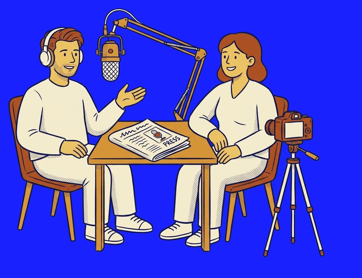 Two people in a relaxed podcast interview — a studio mic, headphones, a newspaper, and a video camera on a tripod