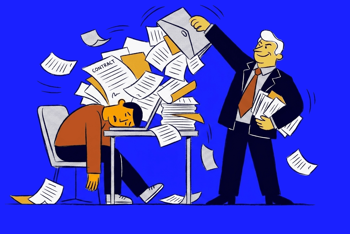 A founder buried under paperwork a banker keeps piling on