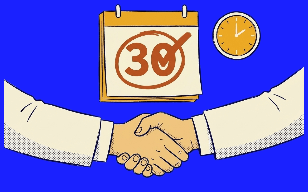 A calendar and a handshake — a deal closed in thirty days