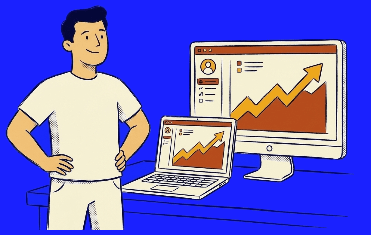 A founder beside a thriving SaaS dashboard