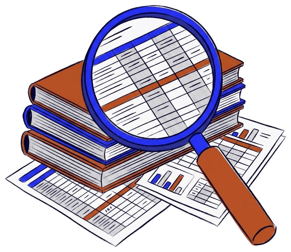 A magnifying glass over the books