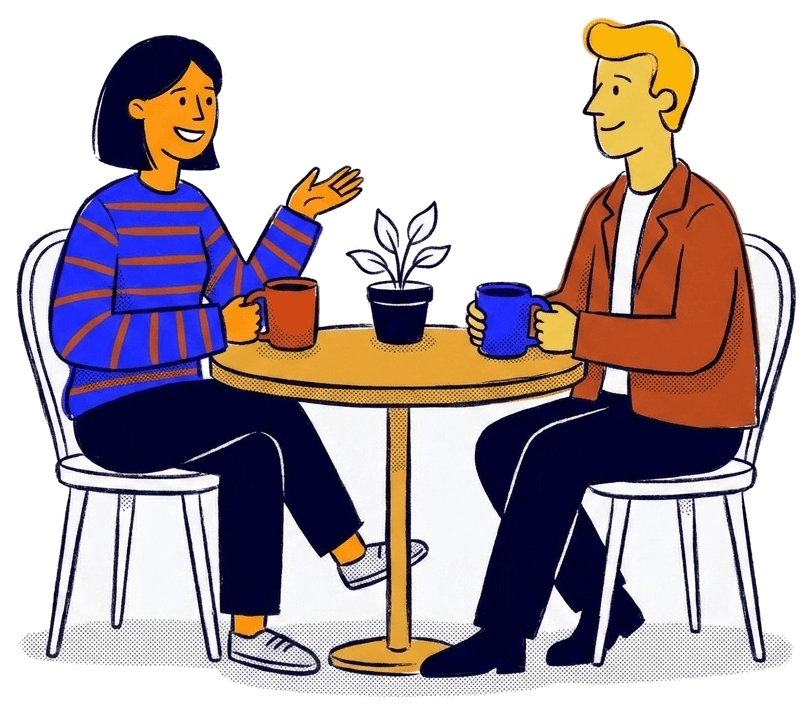 Two people talking over coffee
