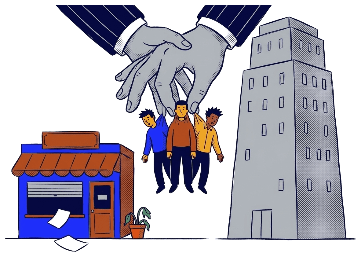 A corporate hand plucking the team out of a startup and leaving the business behind