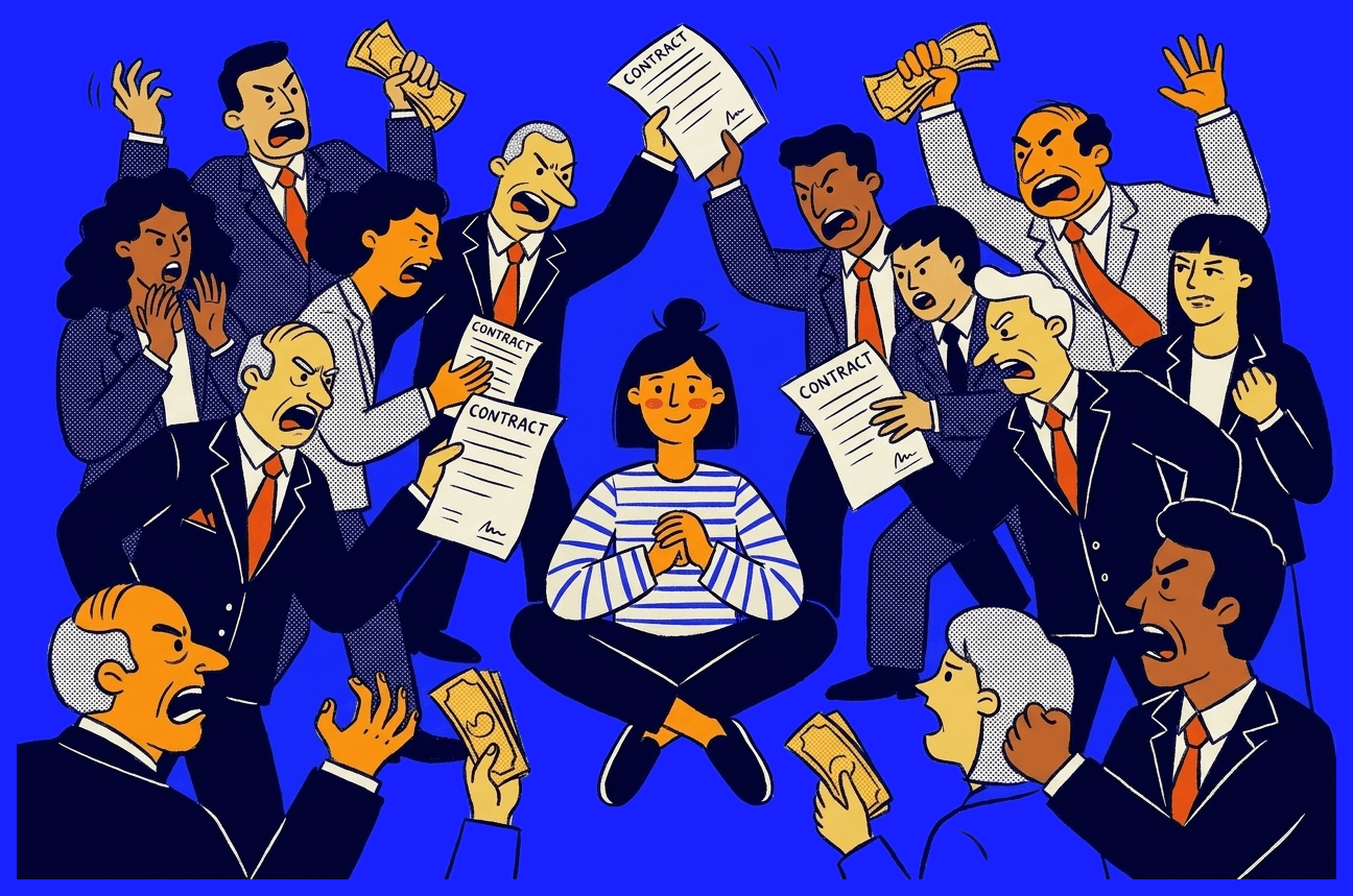 A chaotic crowd of executives around one calm founder