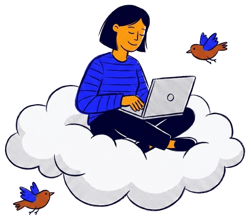 A founder relaxing freely on a cloud with a laptop